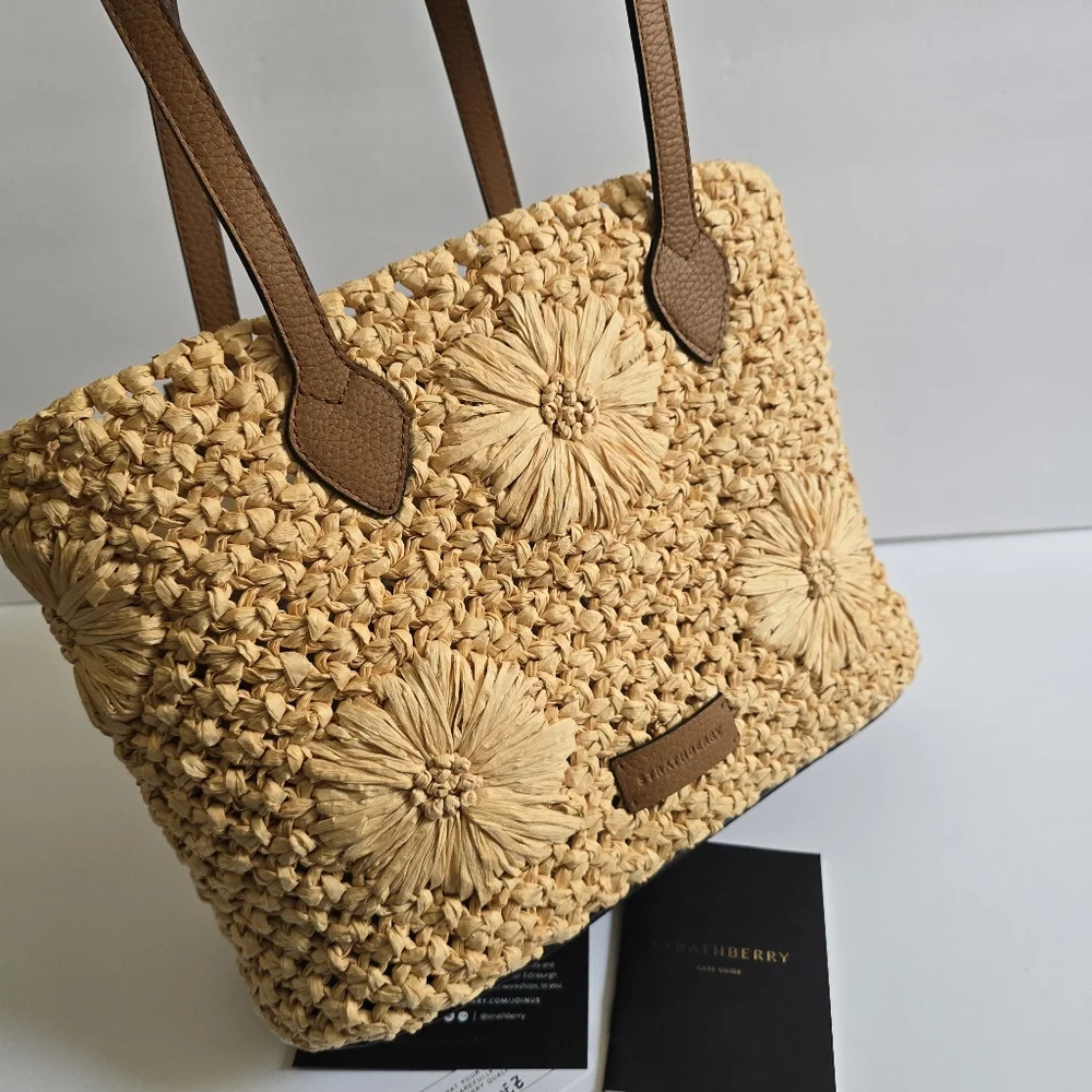 Strathberry Floral Raffia Basket Tote Straw Tan - Picture 8 of 15